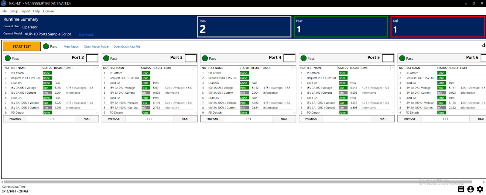 M1 Automation Software for USB PD Dual Role Power (V-DPWR) and Data Loopback Volume Tester (V-UP)_Software running complete image