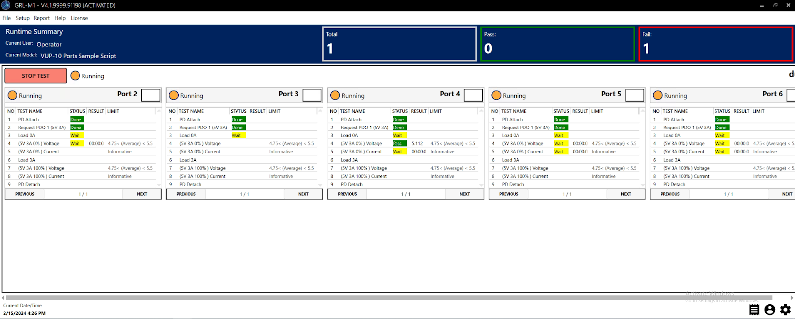 M1 Automation Software for USB PD Dual Role Power (V-DPWR) and Data Loopback Volume Tester (V-UP)_Software running image